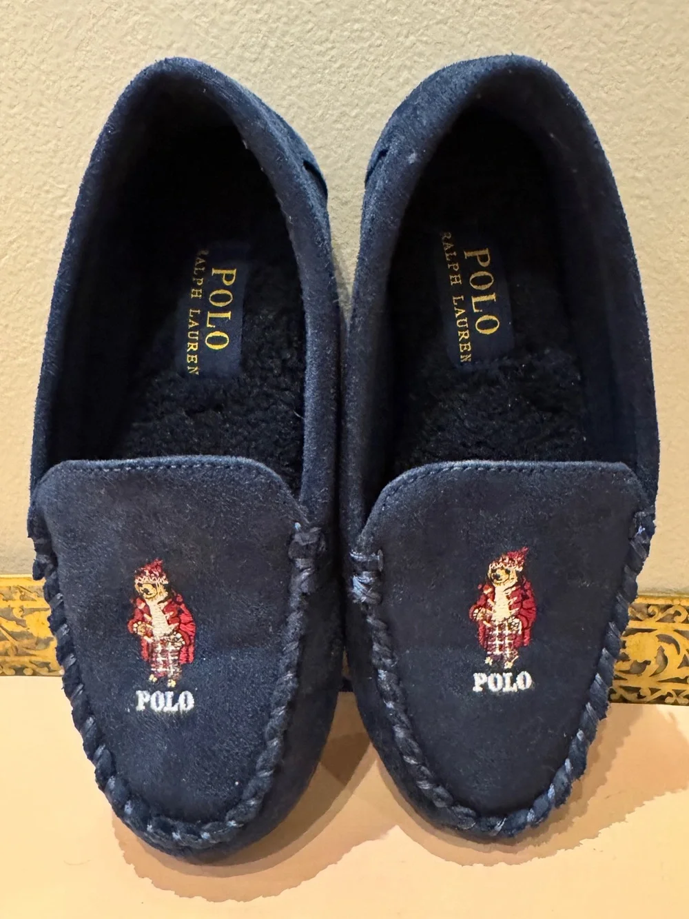 Polo Ralph Lauren brand children's Bear moccasin slippers.  US Size 1,